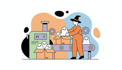 Halloween factory worker in witch hat packs ghosts for festive season delivery