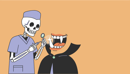 Skeleton dentist examines vampires sparkling fangs Dental health and spooky season concept