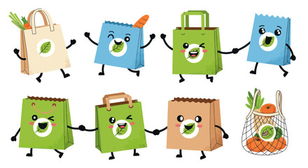 Obraz premium Collection of Cute Eco-Friendly Shopping Bags with Cartoon Faces.