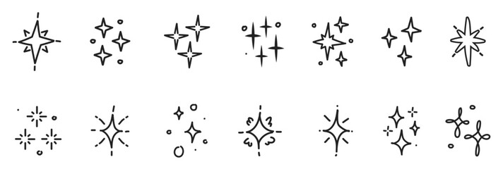 Line star glitter shine of doodle set. Star shine glow, spark glitter, sparkle light vector illustration. Hand drawn sketch doodle style.

