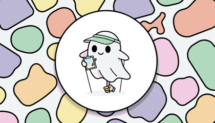 Friendly cartoon ghost with visor and clipboard for surveys feedback or customer service