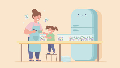 Happy mom and child prepare healthy frozen fruit and vegetable smoothie packs Family kitchen activity