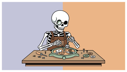 Skeleton watchmaker meticulously assembling a timepiece at a workbench showcasing precision