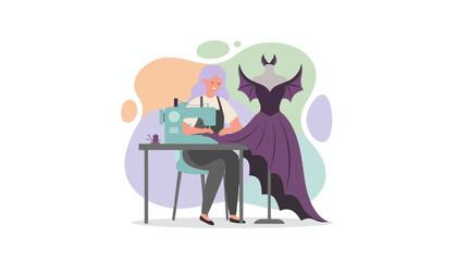 Creative designer sewing a unique Halloween bat dress for costume or event