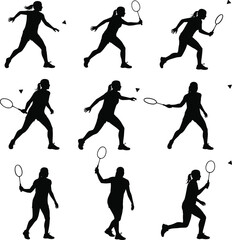 Badminton silhouette illustration, dynamic racket poses, black and white design, shuttlecock motion, athletic movement, sports technique, court action concept