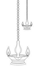 Traditional Indian Hanging Oil Lamps (Deepam or Diya) Black and White Line Art Illustration - Hindu Festival and Temple Lighting Outline