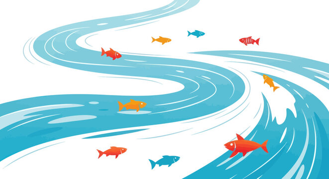Stylized illustration of a winding blue river with colorful fish swimming in the current.