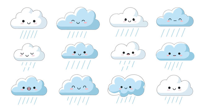 A collection of cute kawaii cartoon clouds with happy faces and falling rain showing various expressions.