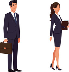Business professionals, corporate attire, male and female, office outfit, briefcase, folder, workplace fashion, formal clothing, career look, professional duo, white backgroun