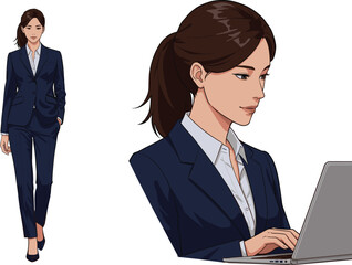 Business attire, navy suit, professional woman, walking pose, seated pose, laptop work, confident style, office fashion, career look, formal wear, white shirt