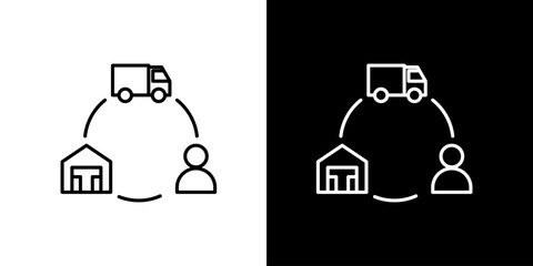 Delivery logistics icons showing a truck delivering goods to a warehouse and a person, isolated on white and black backgrounds