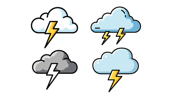 A set of four cartoon weather icons depicting thunderstorms with clouds and lightning bolts.