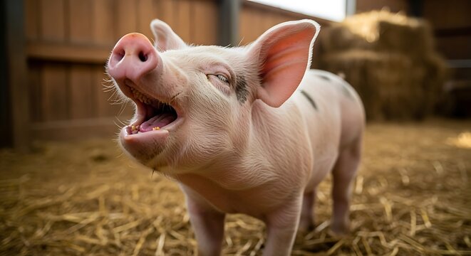 Adorable Piglet in Barn - A Charming Farm Animal Portrait.