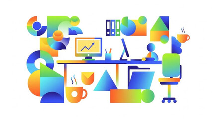 Vibrant geometric abstraction of a modern office workspace with data elements and productivity tools, perfect for digital business and technology concepts