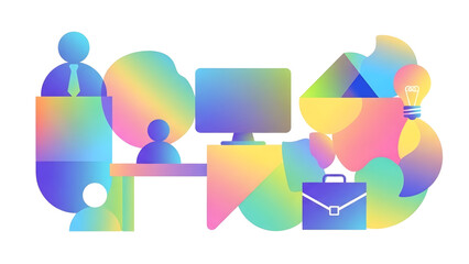 Abstract illustration representing business concepts like teamwork, office workspace, and innovation with vibrant, geometric shapes and gradient colors