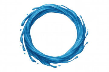 Blue water splash forming a swirling ring and circular frame over a transparent background, showing motion and freshness