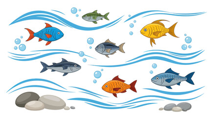 Obraz premium Colorful Cartoon Fish Swimming in Wavy Water with Bubbles.