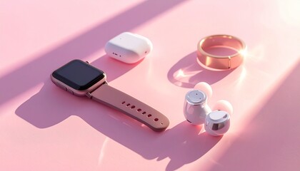 A close-up shot of modern wearable technology accessories including a smartwatch, wireless earbuds, and a smart ring