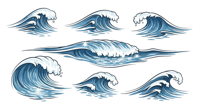 A collection of hand-drawn vintage-style blue ocean waves with foamy crests.