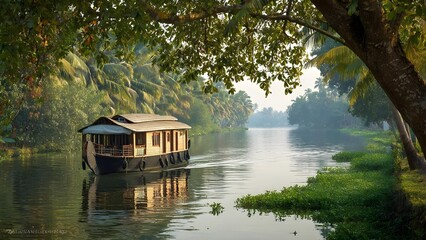 A wooden houseboat glides along a calm tropical river, flanked by dense palm trees and lush greenery. Concept Tropical river scene, Wooden houseboat, Palm trees, Lush greenery, Tranquil water