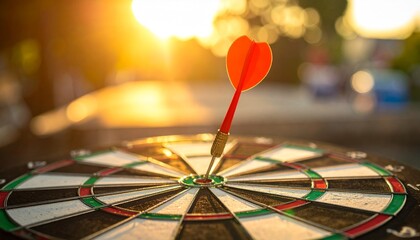 Red dart hitting bullseye on dartboard with blurred warm background