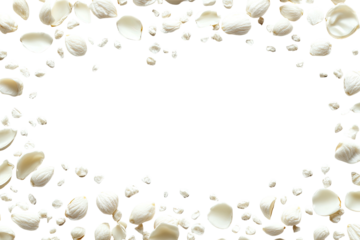 White floral petals frame a dark void, soft textures and gentle light