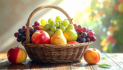 A woven basket overflowing with a vibrant assortment of fresh, ripe fruits, artfully arranged on a wooden surface bathed in warm, natural sunlight