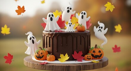 Obraz premium A Halloween-themed chocolate cake with ghost decorations and autumn leaves in the background.