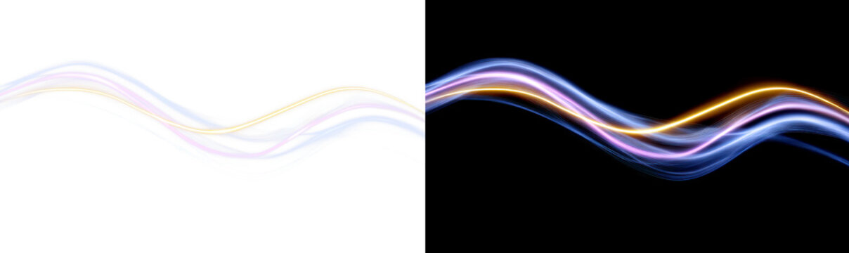Bright Fluid Light Waves Speed Display on Transparent and Black Background, cutout, png