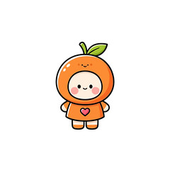 An adorable kawaii chibi character wearing a cute orange fruit costume with a heart.