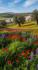 Vibrant Spring Meadow with Blooming Flowers and Olive Trees.