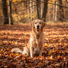 dog in autumn leafs