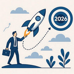 Businessman launching startup rocket icon toward 2026 target, representing business growth, innovation, future strategy, goal achievement, and success planning in digital transformation Vector illustr