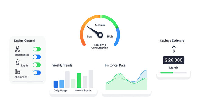 Smart home control panel interface with a real-time consumption gauge data analytics charts and a savings tracker.