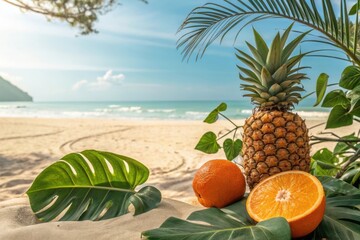 Obraz premium Tropical beach scene with fresh pineapple and orange on sand, vibrant foliage, and ocean waves