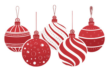 Illustration of five red and white christmas ornaments hanging with different patterns and designs