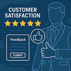 Customer satisfaction concept with 5-star rating, thumbs up icon, and user feedback form on virtual screen. Businessman evaluating client experience via digital interface. Vector illustration