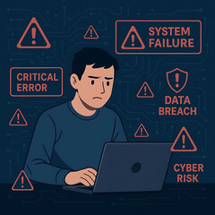 System warning alert with AI and data error concept. Man working on laptop with futuristic interface showing critical error signs, system failure, data breach, and cyber risk notifications Vector illu