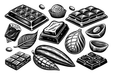 Hand-Drawn Chocolate Collection – Black and White Vector Illustration of Bars and Truffles.