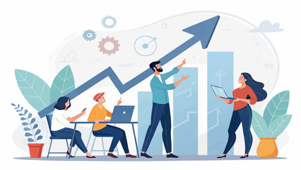 A team celebrating business growth with upward arrow and bar chart in a modern office setting design