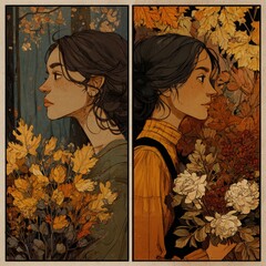 Autumn Portrait Illustration of Two Women Holding Flower Bouquets in Warm Earth Tones and Seasonal Leaves