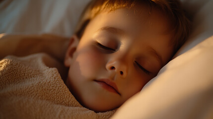 Peaceful Sleep: A child slumbers soundly in soft light, enveloped in cozy bedding. A moment of tranquility and rest.