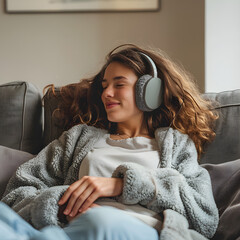 A young woman relaxing on a sofa/couch listening to music, young woman listening to music with headphones and relaxing