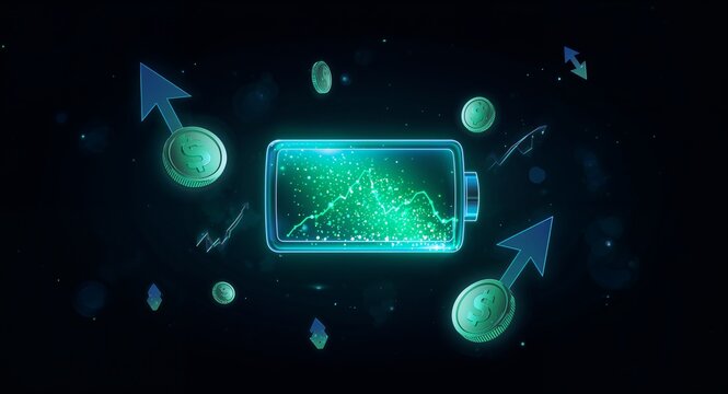 Glowing Battery Icon with Rising Energy Levels and Floating Data Elements on Dark Background.