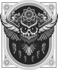 Fototapeta premium Mystical Owl Vector Design with Ornamental Elements — Artistic Illustration for Tattoos, Posters, and Spirituality Designs