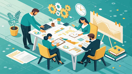 Group of people at a table discussing charts and graphs in a business meeting with gears and a clock above
