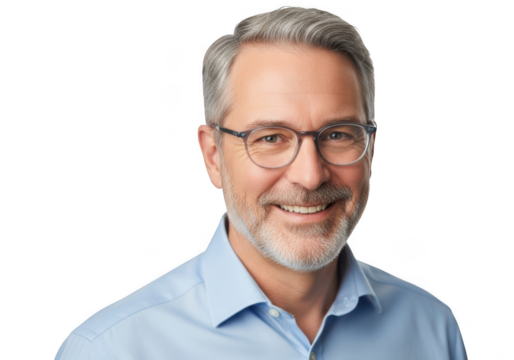 Smiling older man with glasses and beard isolated on transparent background