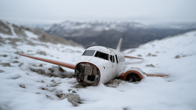Wrecked airplane in a snowy, mountainous landscape. The fuselage is white with reddish-orange wings. The front is damaged, and the setting is bleak and cold.