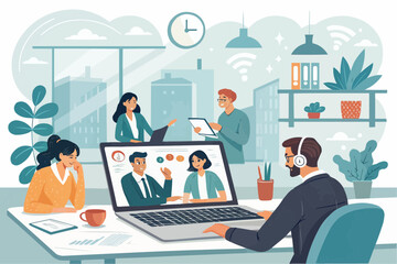 Illustration of a virtual meeting with colleagues in an office setting during a video conference call