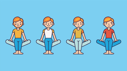 Four cartoon figures in yoga poses on blue background meditation